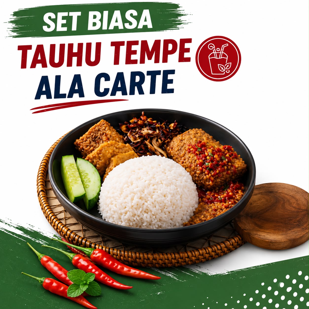 Set Biasa Ayam Geprek bersama Tauhu dan Tempe Rangup